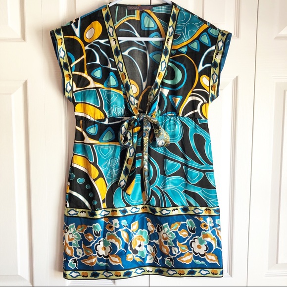 Hale Bob Colorful Print 100% Silk Boho Mini Dress / Tunic Top - Picture 1 of 11